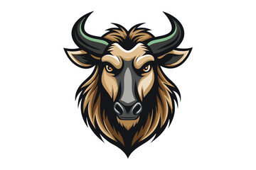 Wildebeest's menacing head conveys intense focus, showcasing powerful horns and striking golden eyes