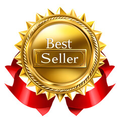 Golden "Best Seller" badge with red ribbon and Sunburst Design on transparent background

