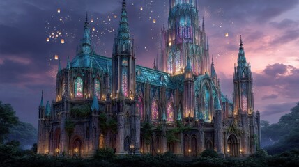 Fototapeta premium Gothic Cathedral with Stained Glass Windows and Sky Lanterns at Twilight Amid Green Foliage