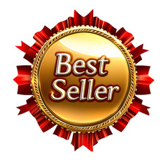 Golden "Best Seller" badge with red ribbon and Sunburst Design on transparent background
