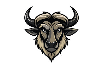 shows an angry, detailed wildebeest head with imposing horns on clear backdrop