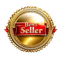Golden "Best Seller" badge with red ribbon and Sunburst Design on transparent background
