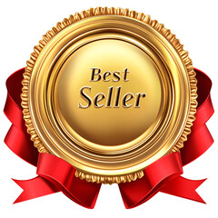 Golden "Best Seller" badge with red ribbon and Sunburst Design on transparent background
