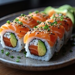 Sushi Rolls with Salmon, Avocado, and Sesame Seeds on Ceramic Plate