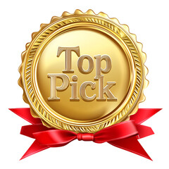 "Top Pick" Golden Badge with Red Ribbon and Star Icon on transparent Background