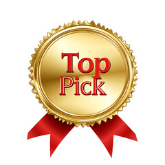 "Top Pick" Golden Badge with Red Ribbon and Star Icon on transparent Background
