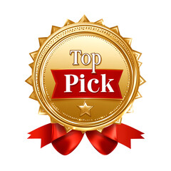 "Top Pick" Golden Badge with Red Ribbon and Star Icon on transparent Background
