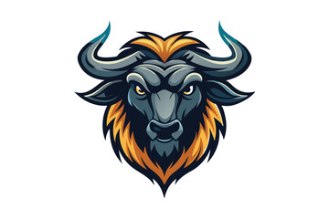 Ferocious wildebeest head with sharp horns looks aggressively forward on the bright white background