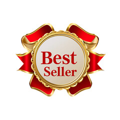 Golden "Best Seller" badge with red ribbon and Sunburst Design on transparent background
