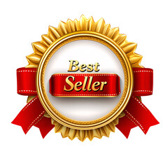 Golden "Best Seller" badge with red ribbon and Sunburst Design on transparent background
