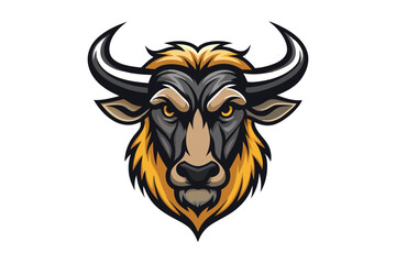 A fierce wildebeest head stares intensely with sharp horns and yellow eyes