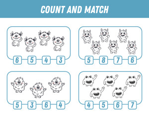 Education game for children count and match of cute cartoon monsters, printable worksheet. Vector