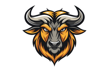 A stylized bull head with imposing horns is depicted on a white backdrop