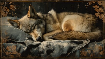 Light brown and gray wolf sleeping curled on textured dark gray pillow with ornate gold frame