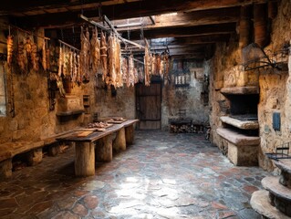 Rustic kitchen with hanging meats, stone walls, and a large wooden table, evocative of a medieval or old-world atmosphere.