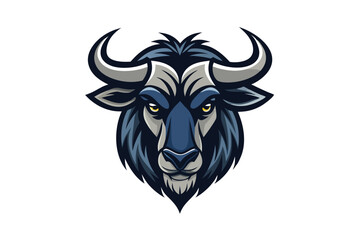 Isolated blue wildebeest head with striking yellow eyes stares intensely ahead on white