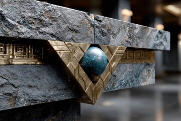 A detailed shot of a modern architectural element featuring intricate designs in stone and gold, illustrating the beauty of contemporary craftsmanship and architecture.