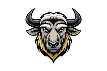 Fierce bison head displays intense stare with curved horns in digital artwork