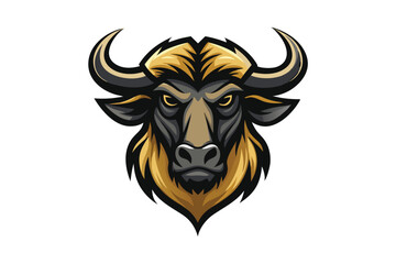 Fierce buffalo head with golden mane looks intensely forward on a white background