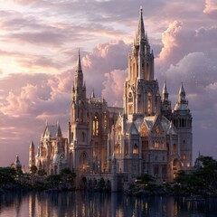 Ornate stone castle with towers and spires on lake at sunset, glowing windows, pink and purple sky