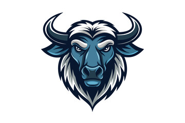 Intimidating blue wildebeest with curved horns and focused eyes stares intently forward
