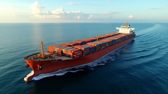 Ship Ocean Transport Maritime - Container Ship Aerial View Over Ocean