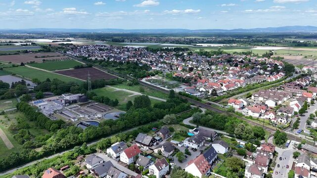 Aerial view of the city Weiterstadt, Hesse, Germany in spring.