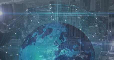 3D-rendered digital globe spinning above city skyline, showing network nodes and connecting lines - Powered by Adobe