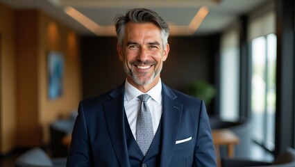 Fototapeta premium Vertical Confident Man in Suit - Smile of a Successful Businessman
