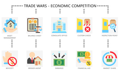 Trade wars flat color icons set. Contain management, boycott, check, embargo, consulate, broker, resolution, balance, market and more. Vector for UI, UX kit, digital, print, web and app development