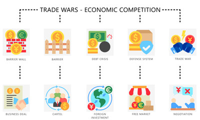 Trade wars flat color icons set. Contain cartel, barrier, crisis, investment, market, trade wars, negotiation, deal and more. Vector for UI, UX kit, digital, print, web and app development.