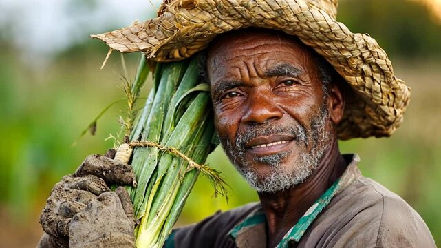 Elderly farmer holding freshly harvested leeks in a lush green field during sunny day