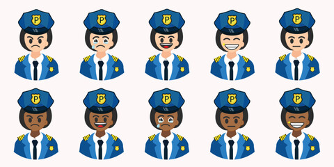 Vector female officer shows different emotions. Officer avatars display feelings of joy, sadness, anger, and others in a simple and clear set of digital icons.