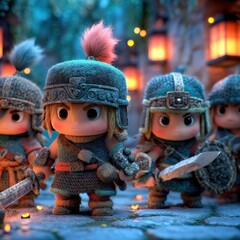 Naklejka premium Stylized 3D Chibi Warrior Figure with Teal Helmet and Sword in Front of Blurred Companions and Lantern Background