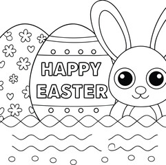Happy Easter Bunny and Decorated Eggs Outline Illustration 