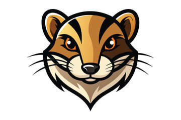 Cartoon tan meerkat face with sharp black outlines and orange eyes stands front