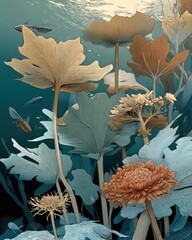 Stylized Underwater Scene with Large Textured Leaves Small Fish and Chrysanthemum Flower in Painterly Abstract Style