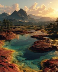 Turquoise-green pool with reddish-brown rocks and mountain range at sunset, tranquil landscape scene