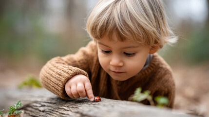 Curious child pointing at ladybug in nature exploration scene