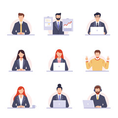 Vector set of office professionals with laptops, charts, and casual gestures in flat style