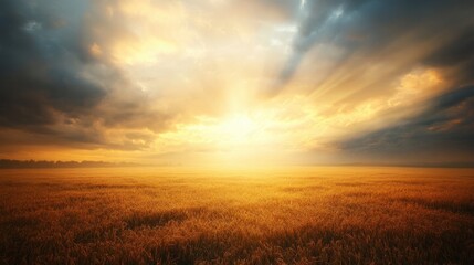 Dramatic sky with sun rays breaking through dark clouds over a vast field of golden wheat. Powerful and evocative natural scene