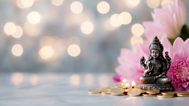 Feng shui concept with vastu small lakshmi idol and coins for prosperity and home decor