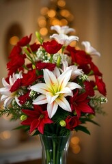 vase filled with red and white flowers