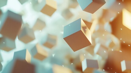 Abstract composition of floating light blue and gold cubes in a hazy, bright environment. Represents technology, structure, or data blocks