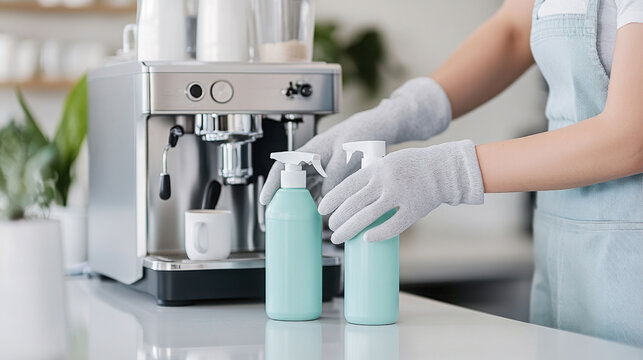 Hands arranging cleaning supplies in cozy kitchen setting - Powered by Adobe