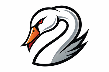 Stylish swan head featuring white plumage, orange beak, and intense red eye displays power
