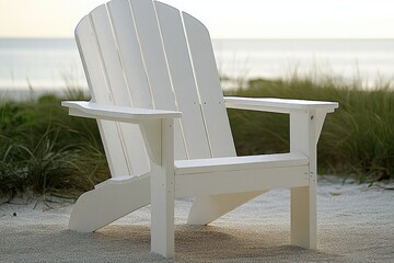 White Adirondack chair on sandy beach,  ocean background