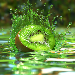 A fresh, juicy green kiwifruit slice with a water drop showcases nature's healthy splash
