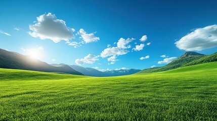 Fototapeta premium Lush green meadow stretches beneath a vibrant blue sky, dotted with fluffy white clouds and majestic mountains