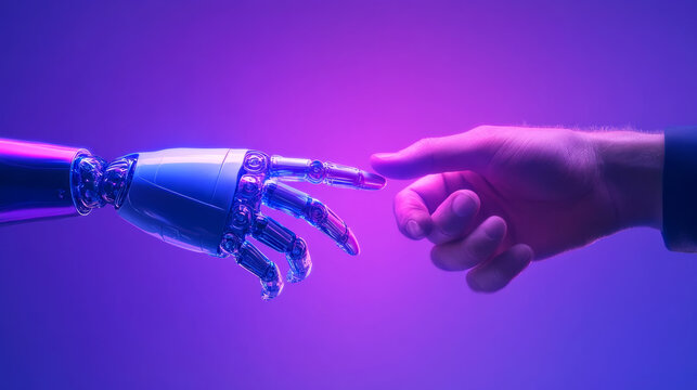 Futuristic connection between human hand and robot hand symbolizing ai automation